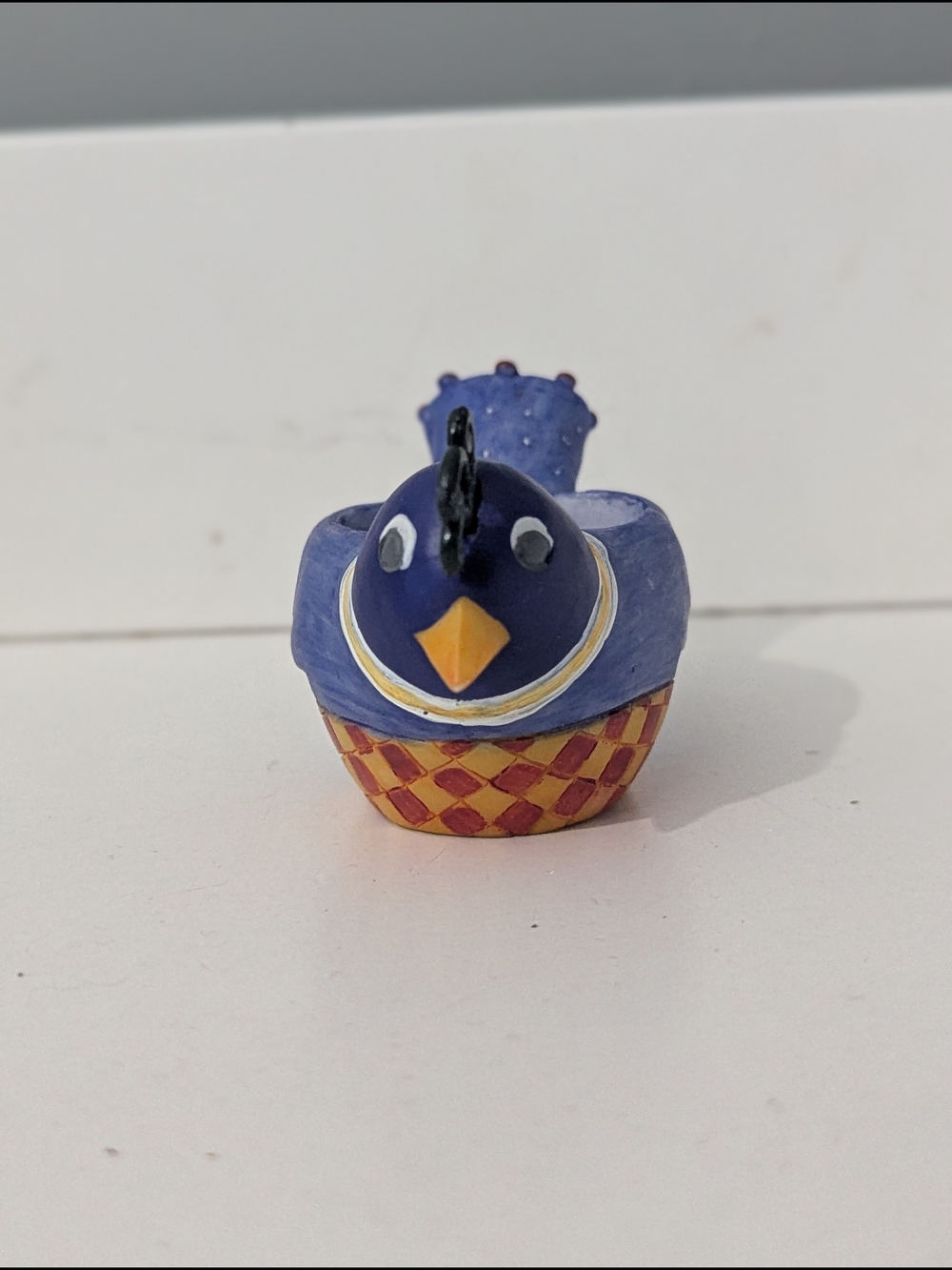 Whimsical Handpainted Decorative Blue Bird Tealight Holder Checkerboard Detail - Picture 5 of 11